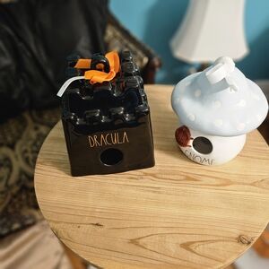 Black Dracula Candle Holder and White Mushroom Gnome Decor